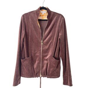 St. John Sport Size M Brown Velour Zip-Up Jacket Sweater Drawstring Hem
